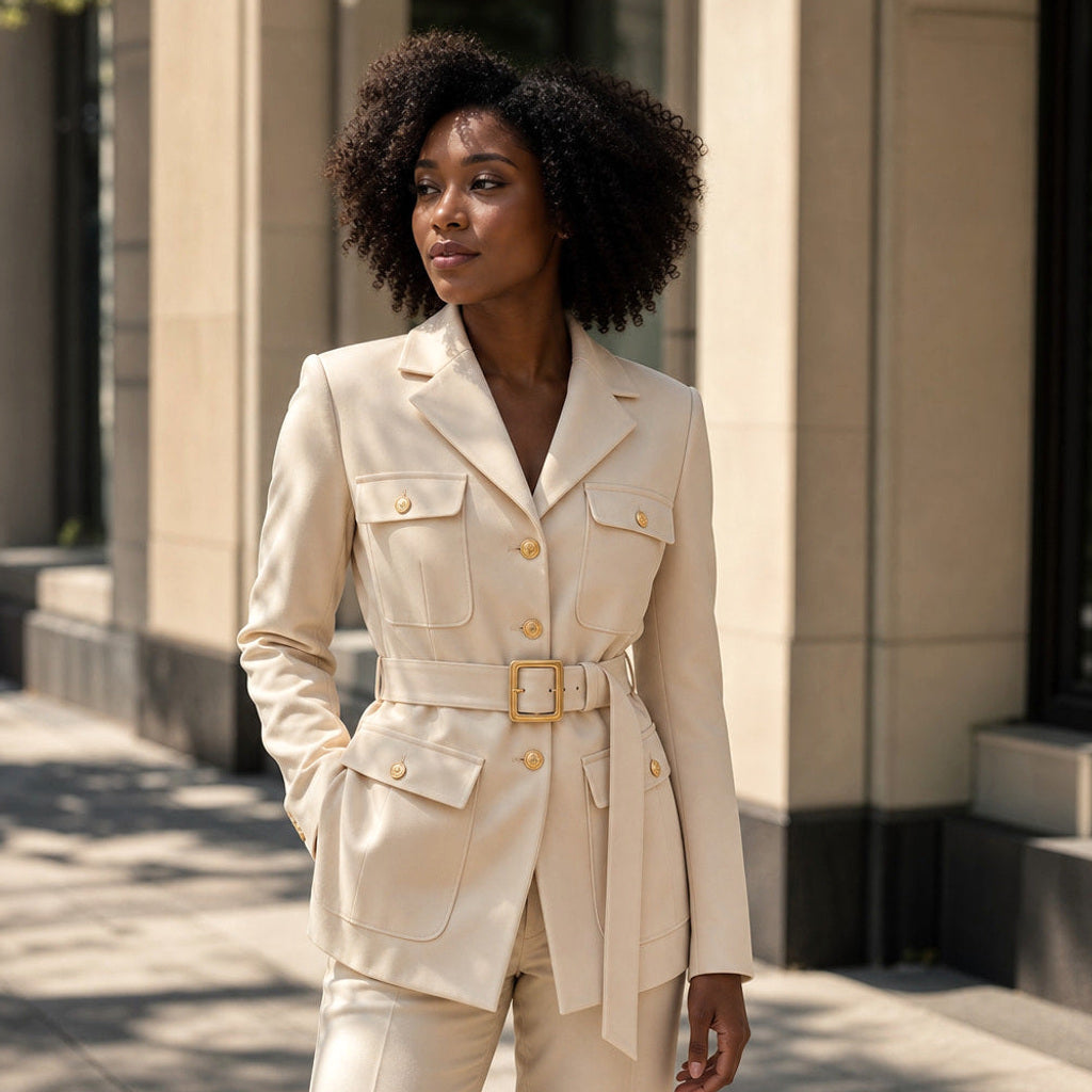 Irmtraud | Bouclé Jacke mit Bindegürtel und Knopfleiste Creme / Beige – Gestyltes Editorial-Foto