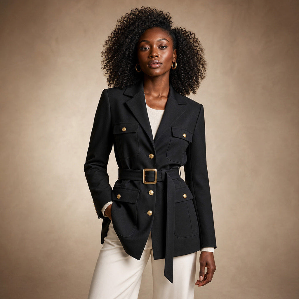 Irmtraud | Bouclé Jacke mit Bindegürtel und Knopfleiste Onyx / Schwarz – Produktfoto