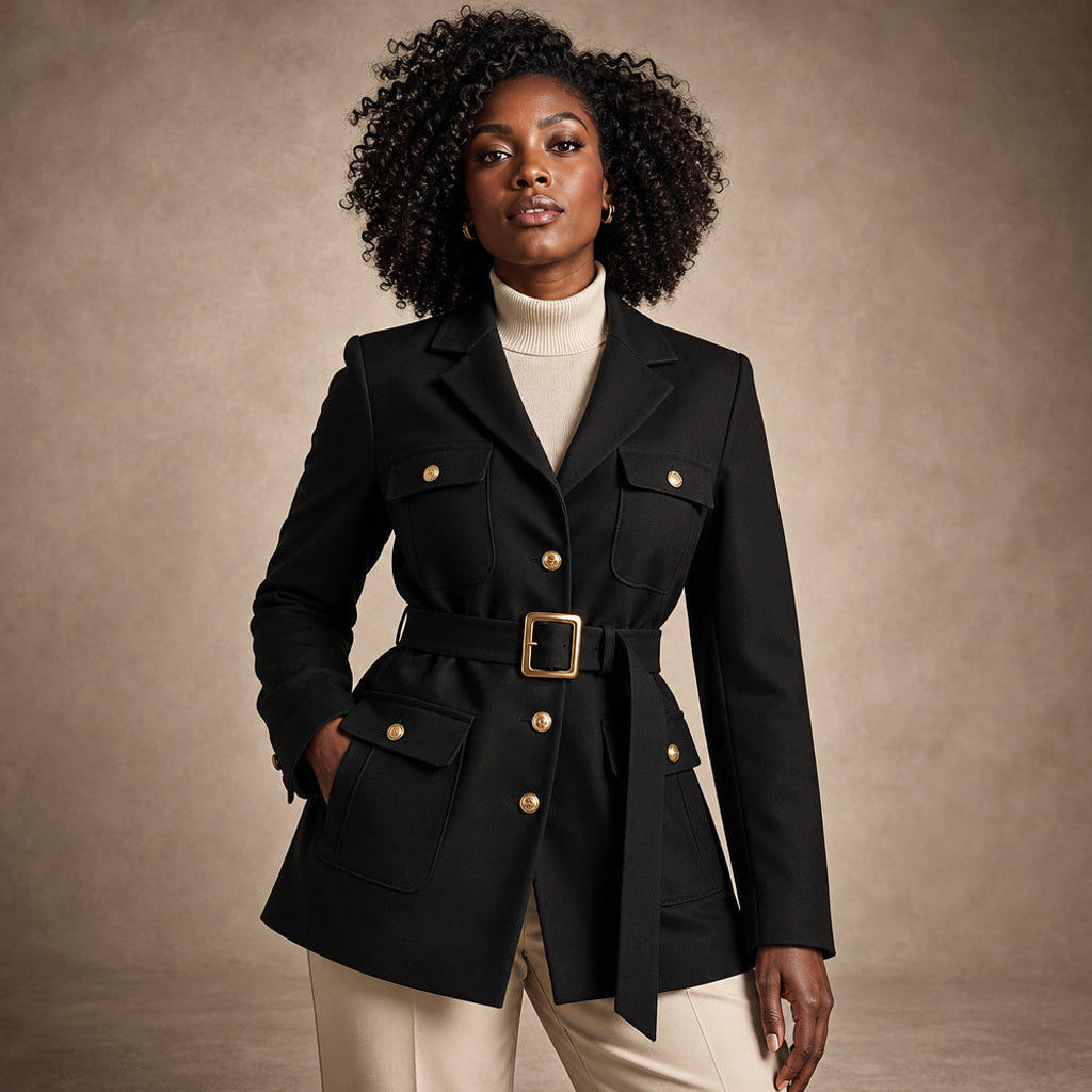 Irmtraud | Bouclé Jacke mit Bindegürtel und Knopfleiste in Onyx / Schwarz – Premium Editorial