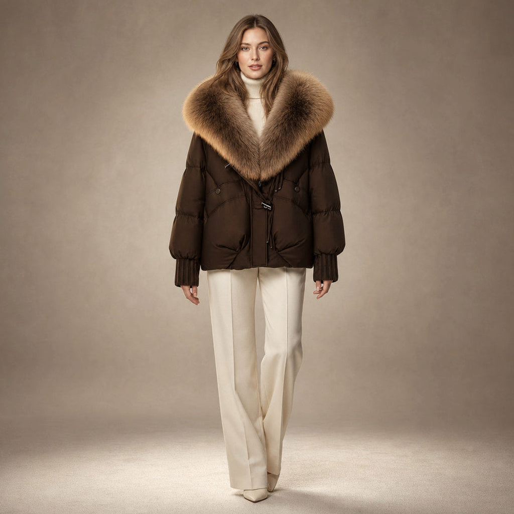 Irmtrud | Kurzjacke mit XL-Kragen in Bouclé-Optik in Cocoa Brown – Premium Editorial