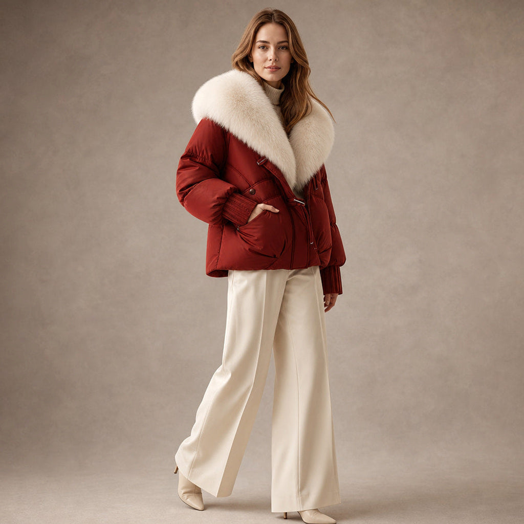 Irmtrud | Kurzjacke mit XL-Kragen in Bouclé-Optik Karmesinrot – Seitenansicht