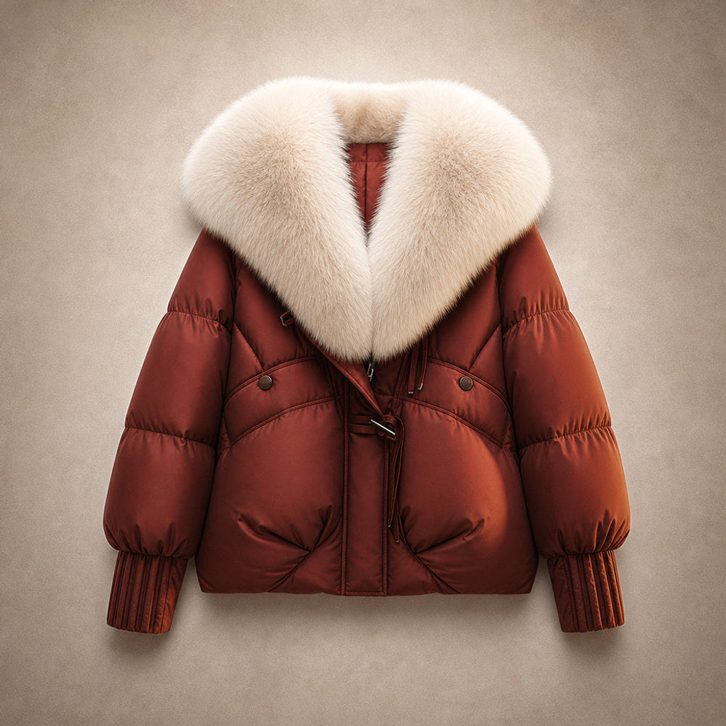 Irmtrud | Kurzjacke mit XL-Kragen in Bouclé-Optik Karmesinrot – Flatlay-Produktfoto