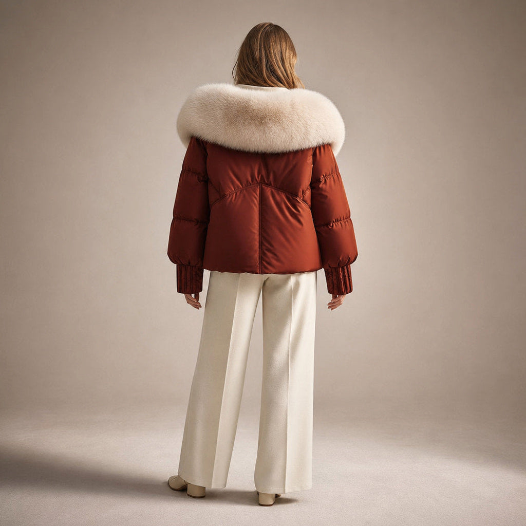 Irmtrud | Kurzjacke mit XL-Kragen in Bouclé-Optik Karmesinrot – Gesamtlook