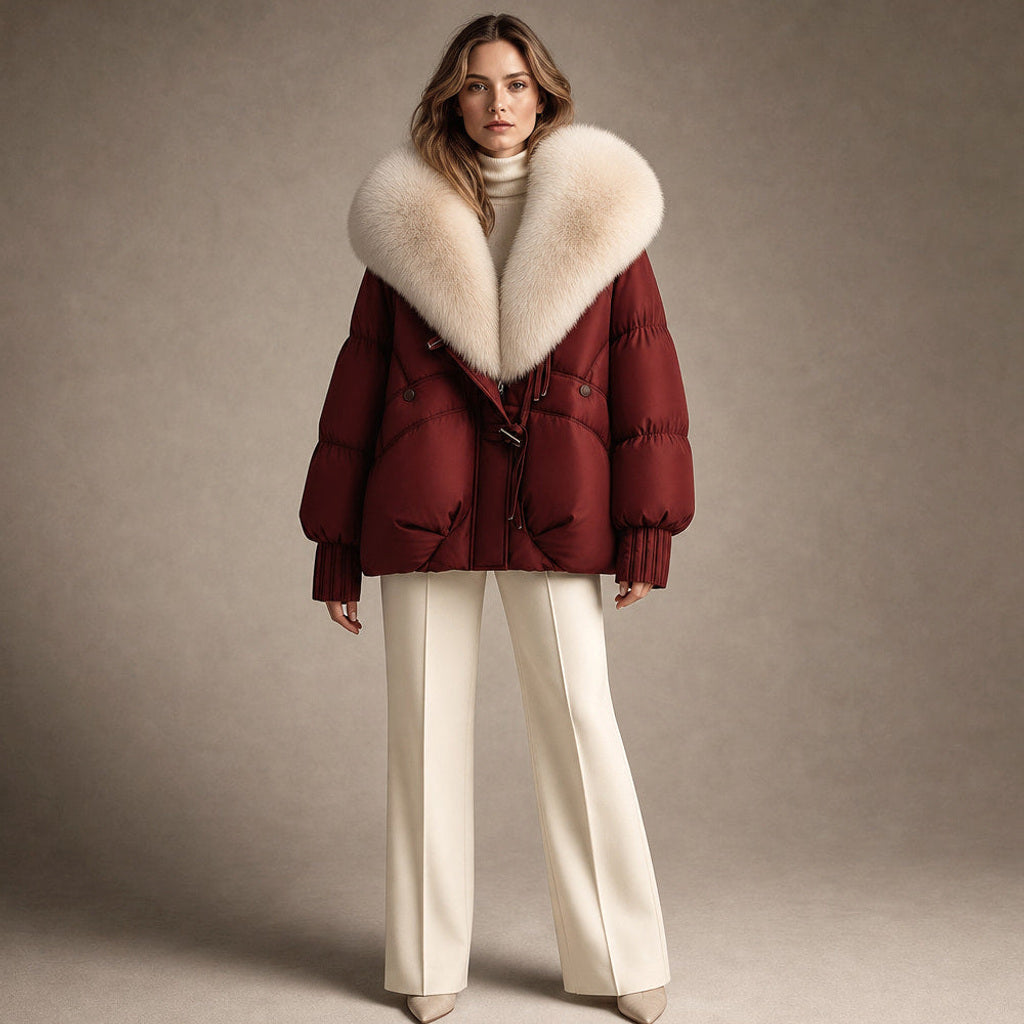Irmtrud | Kurzjacke mit XL-Kragen in Bouclé-Optik in Karmesinrot – Premium Editorial
