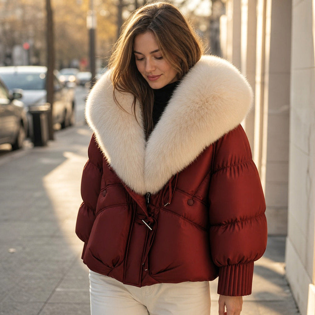 Irmtrud | Kurzjacke mit XL-Kragen in Bouclé-Optik Karmesinrot – Gestyltes Editorial-Foto