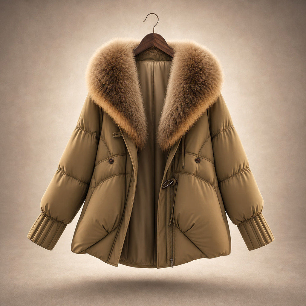 Irmtrud | Kurzjacke mit XL-Kragen in Bouclé-Optik Khaki / Braun – Produktfoto