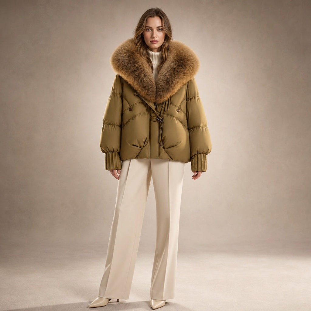 Irmtrud | Kurzjacke mit XL-Kragen in Bouclé-Optik in Khaki / Braun – Premium Editorial