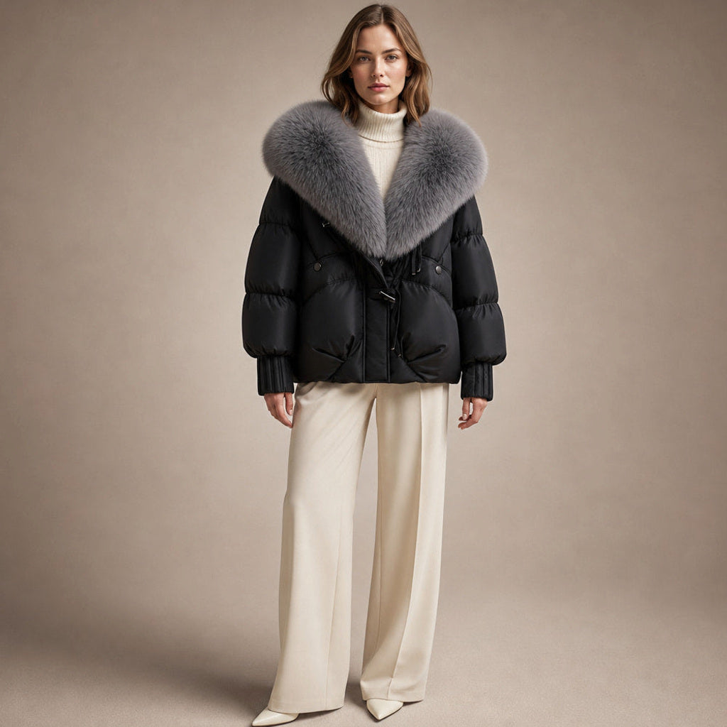 Irmtrud | Kurzjacke mit XL-Kragen in Bouclé-Optik in Mitternachtsschwarz – Premium Editorial