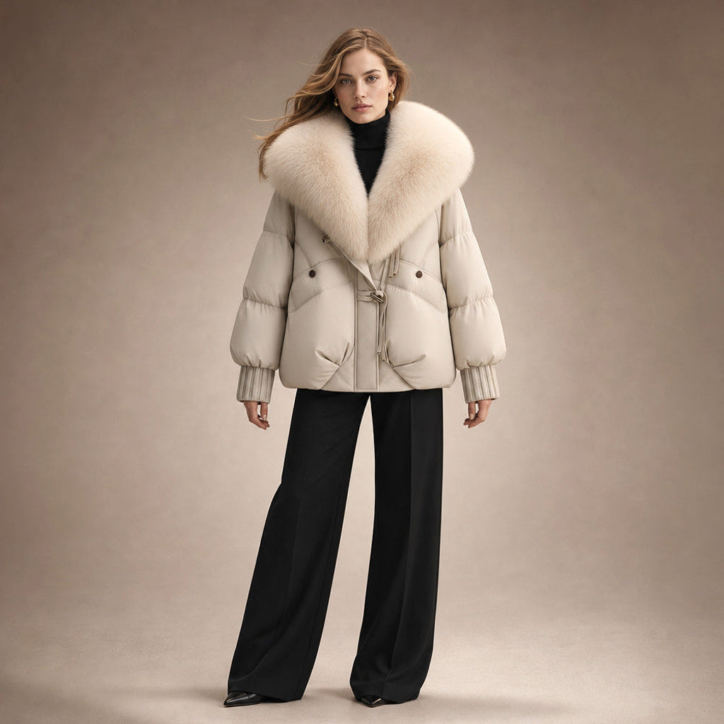 Irmtrud | Kurzjacke mit XL-Kragen in Bouclé-Optik in Perlweiß – Premium Editorial