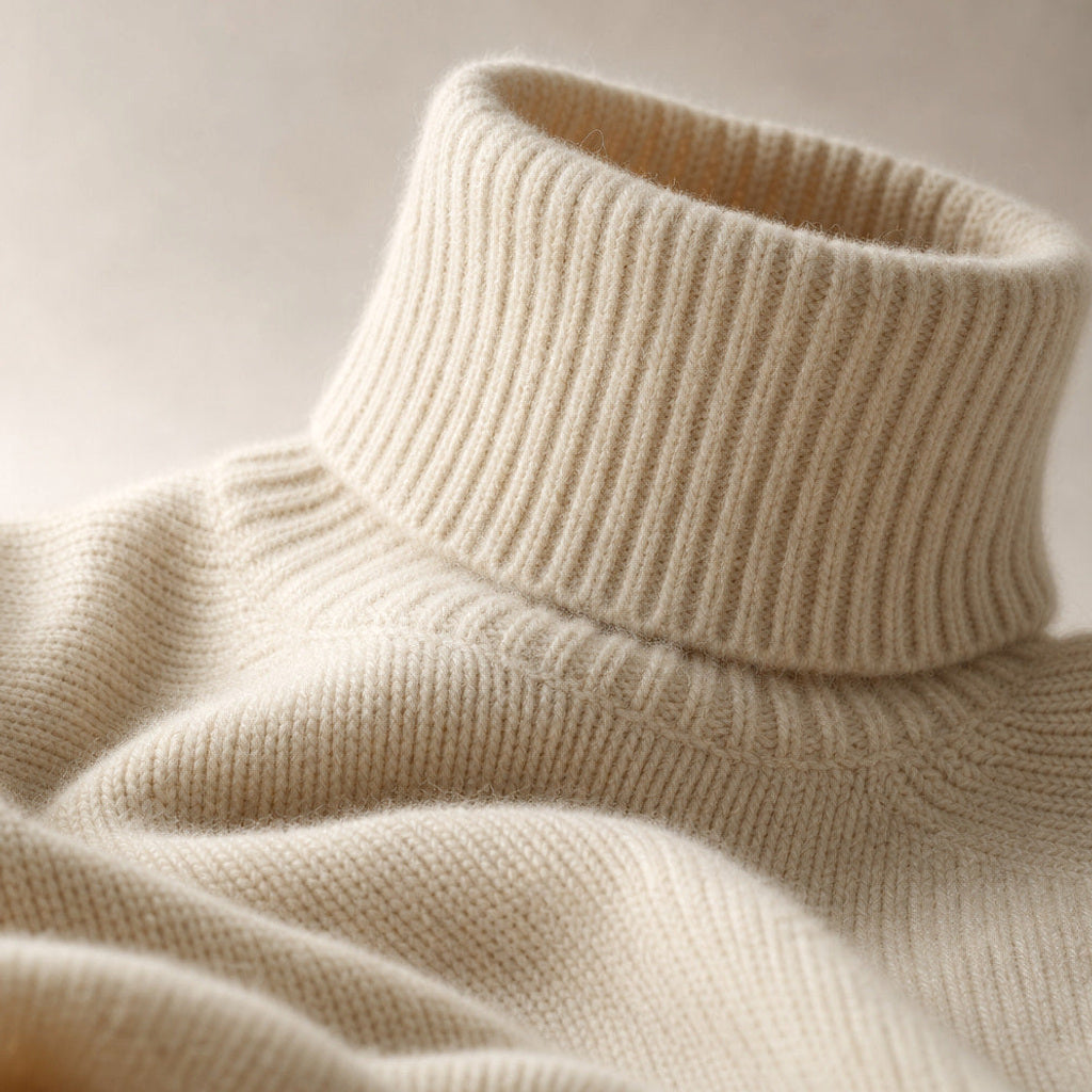 Itta | Rollkragenpullover mit hohem Stehkragen Beige – Stoff- und Detailaufnahme