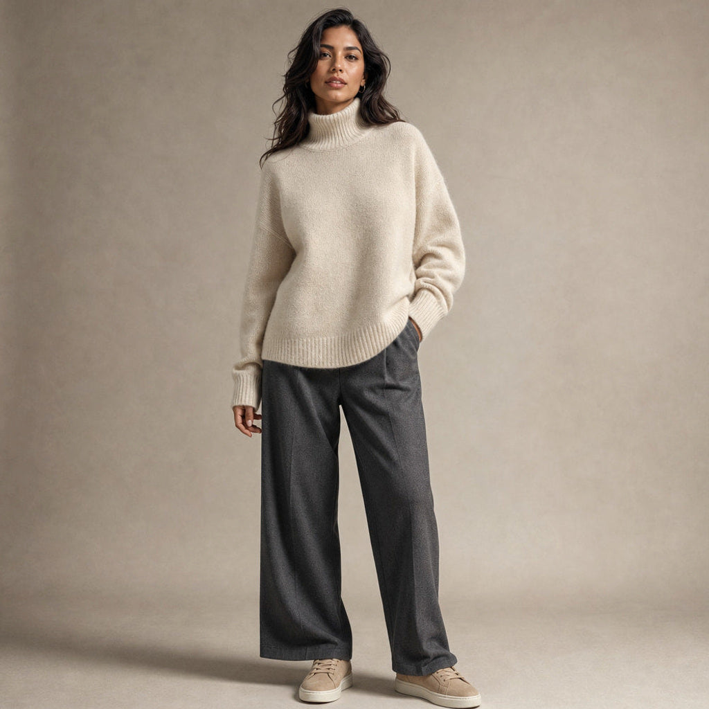 Itta | Rollkragenpullover mit hohem Stehkragen Beige – Gesamtlook
