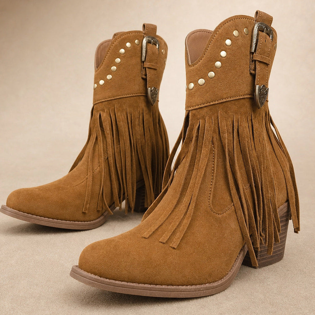 Iwi | Westernstiefel mit Fransen und weitem Schaft Hellbraun – Stoff- und Detailaufnahme