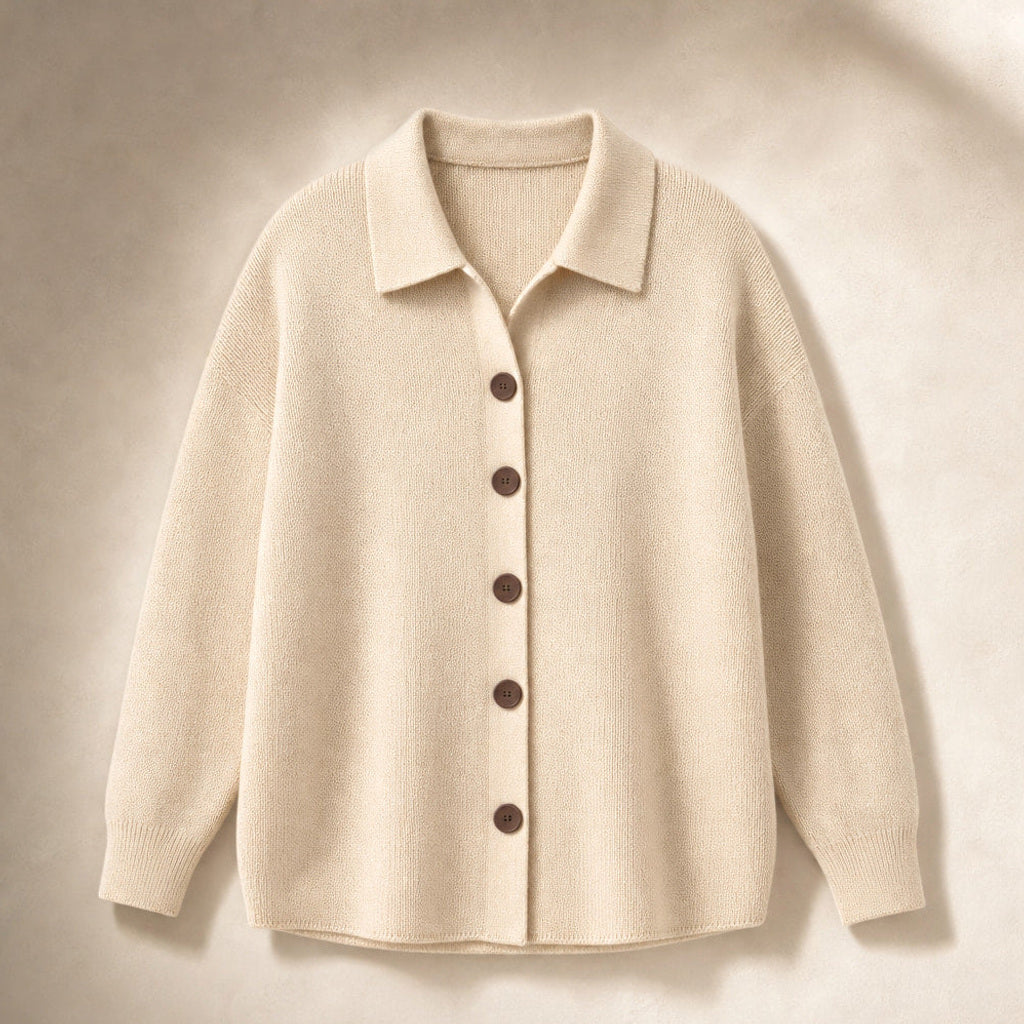 Jakobine | Strickjacke mit Reverskragen und Knopfleiste Beige – Produktfoto