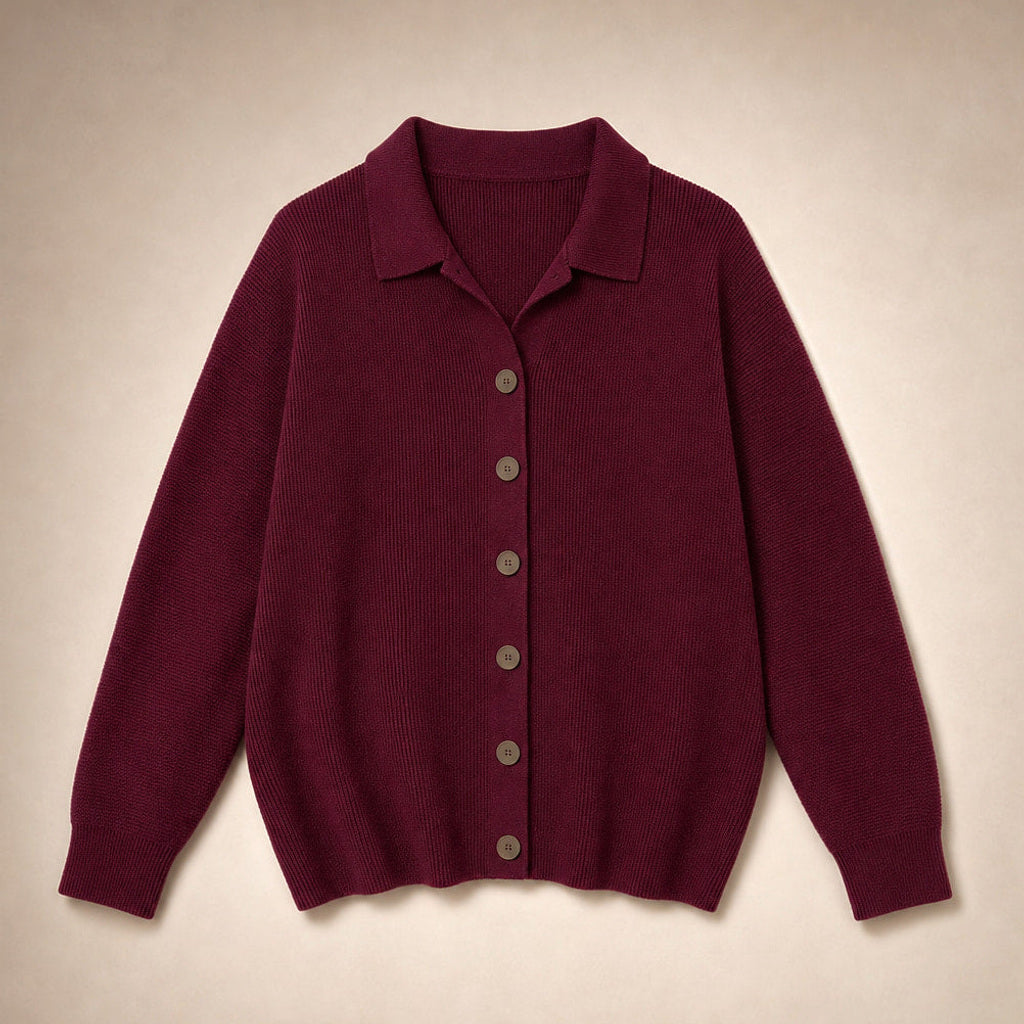 Jakobine | Strickjacke mit Reverskragen und Knopfleiste Weinrot – Produktfoto