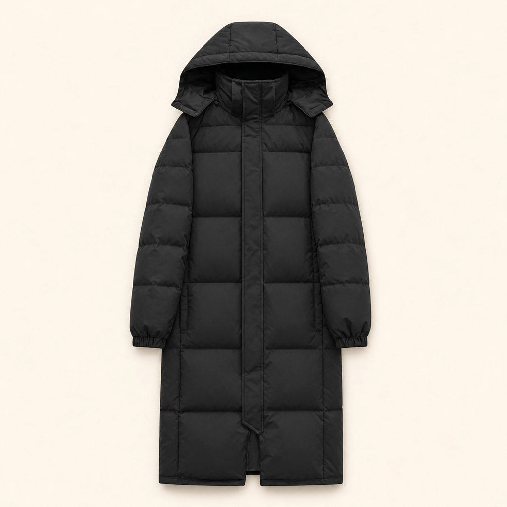 Johannette | Lange Steppjacke mit abnehmbarer Kapuze Schwarz – Flatlay-Produktfoto