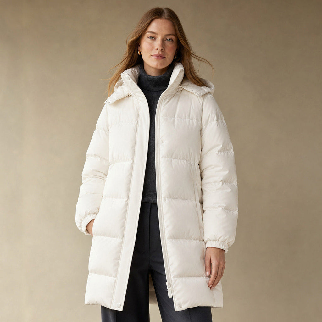 Johannette | Lange Steppjacke mit abnehmbarer Kapuze Weiß – Produktfoto