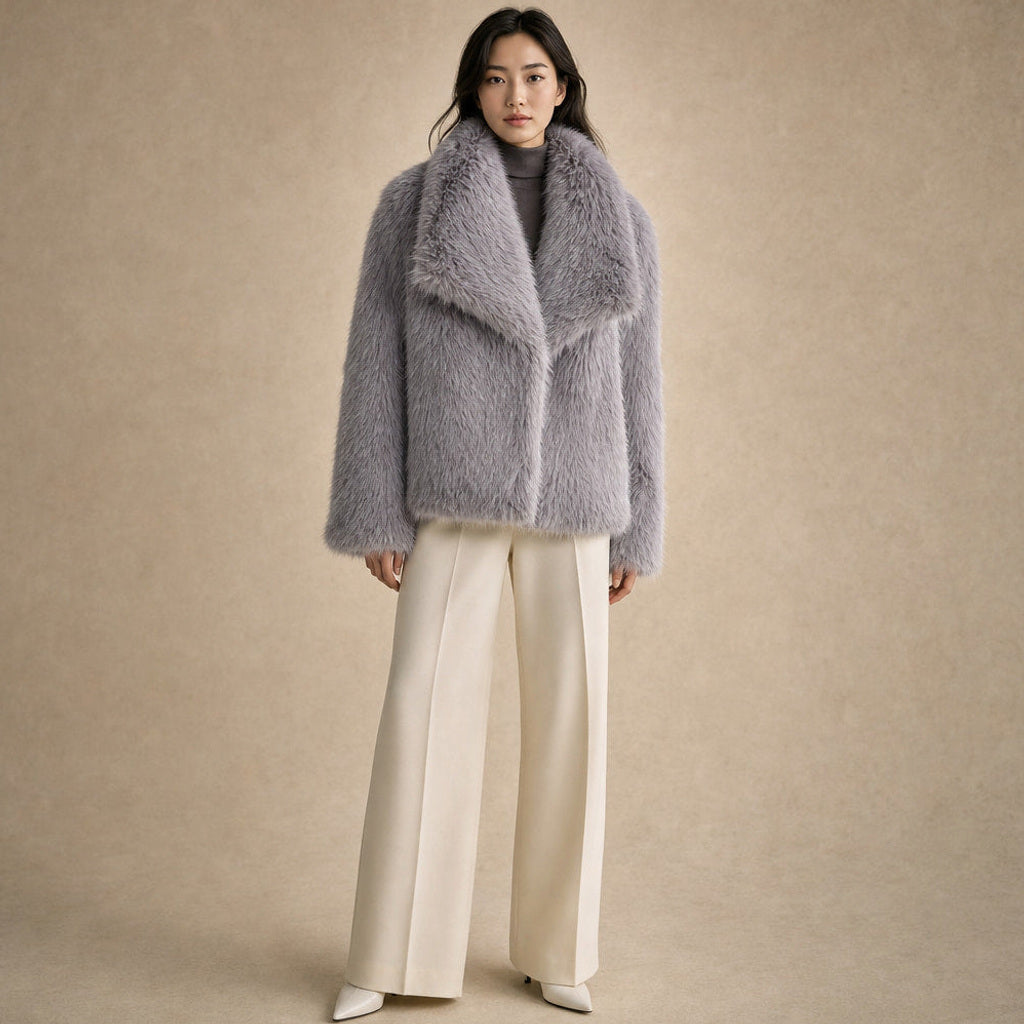 Josette | Bouclé Jacke mit Webpelzkragen in Grau – Premium Editorial
