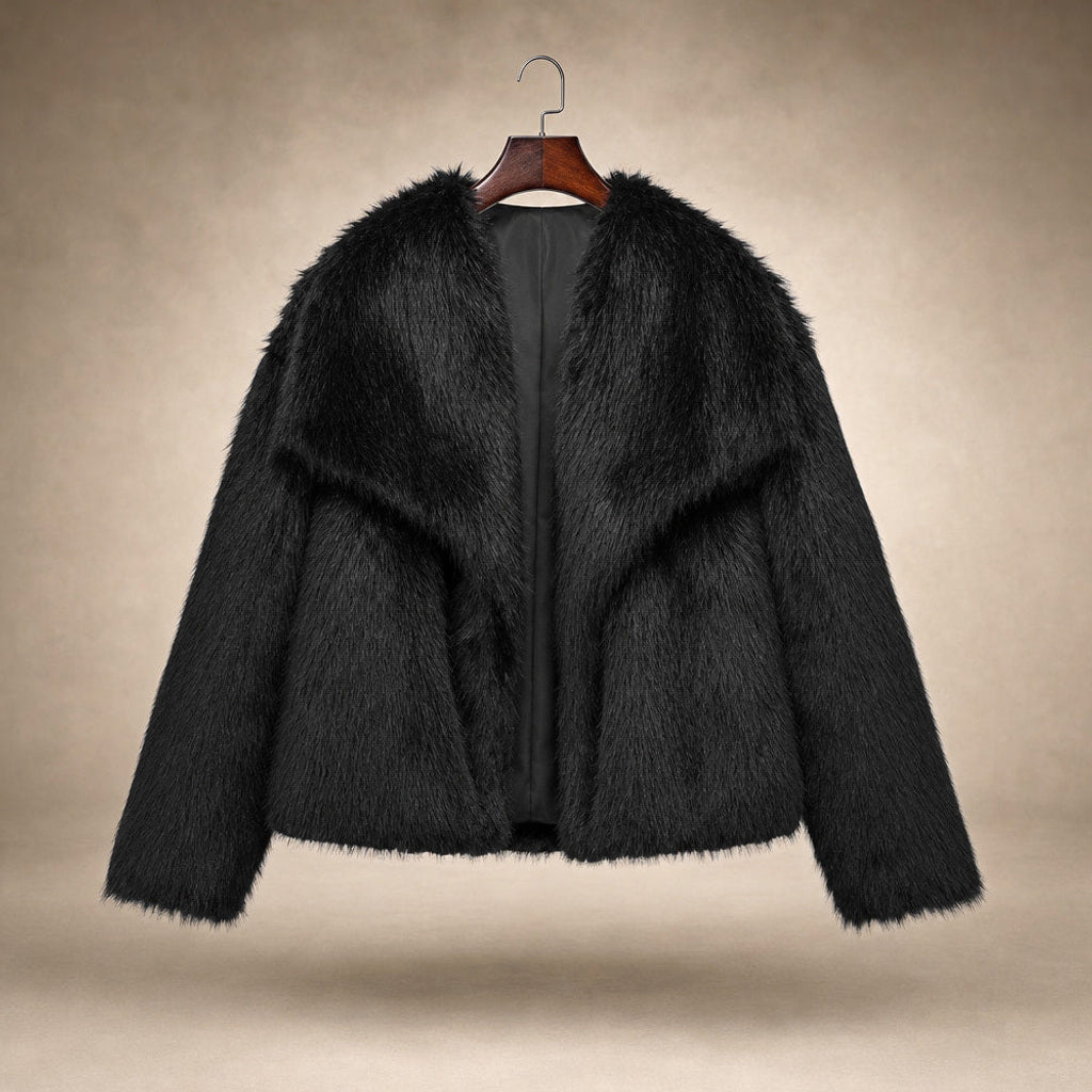 Josette | Bouclé Jacke mit Webpelzkragen Schwarz – Produktfoto