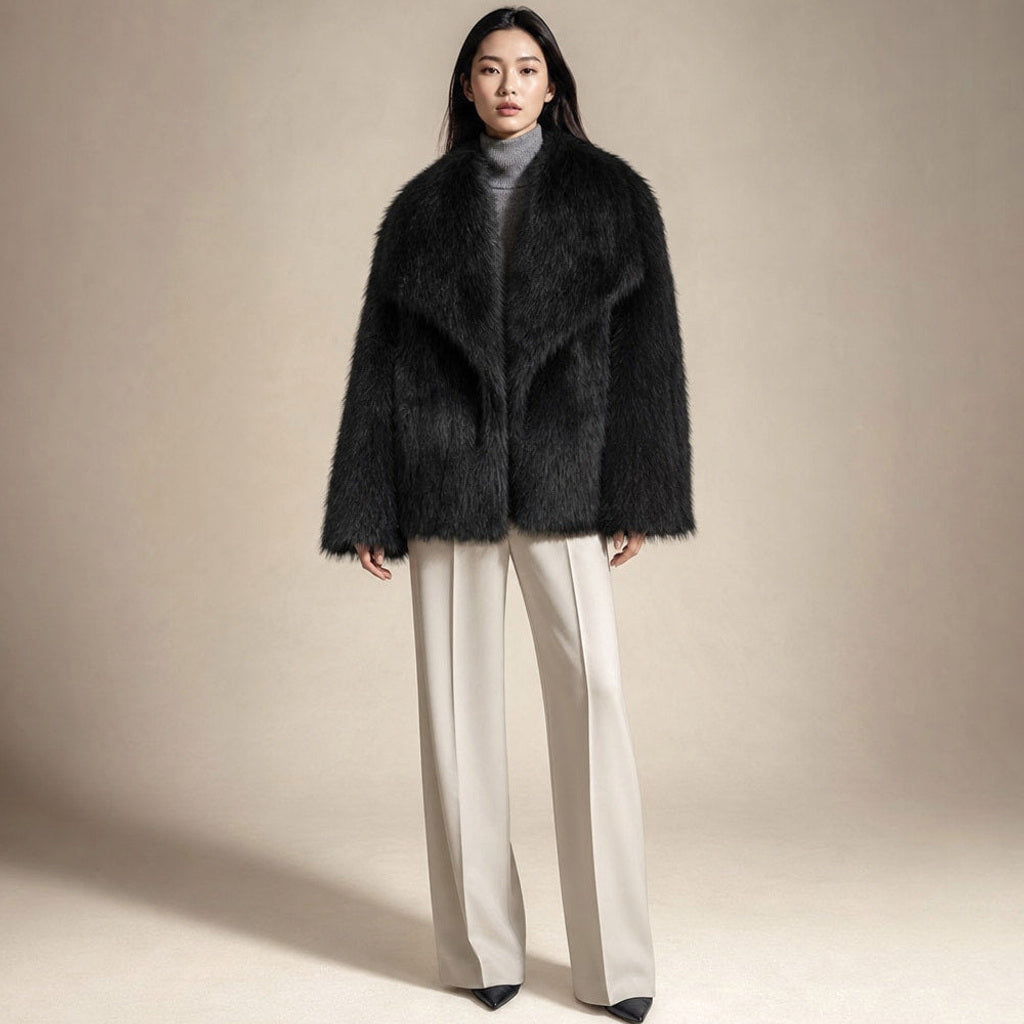Josette | Bouclé Jacke mit Webpelzkragen in Schwarz – Premium Editorial