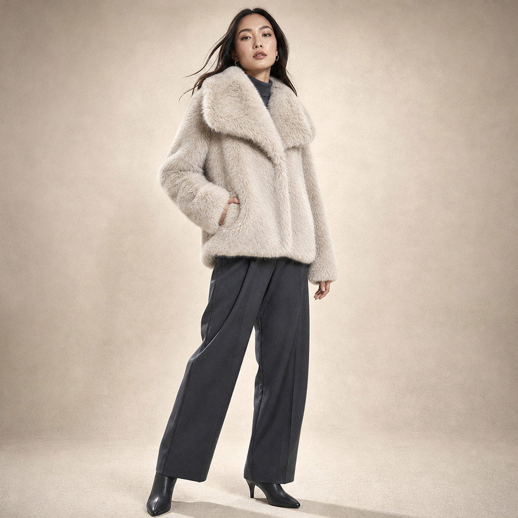 Josette | Bouclé Jacke mit Webpelzkragen Vanilla – Seitenansicht