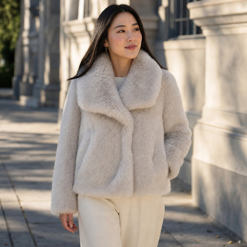 Josette | Bouclé Jacke mit Webpelzkragen Vanilla – Gestyltes Editorial-Foto