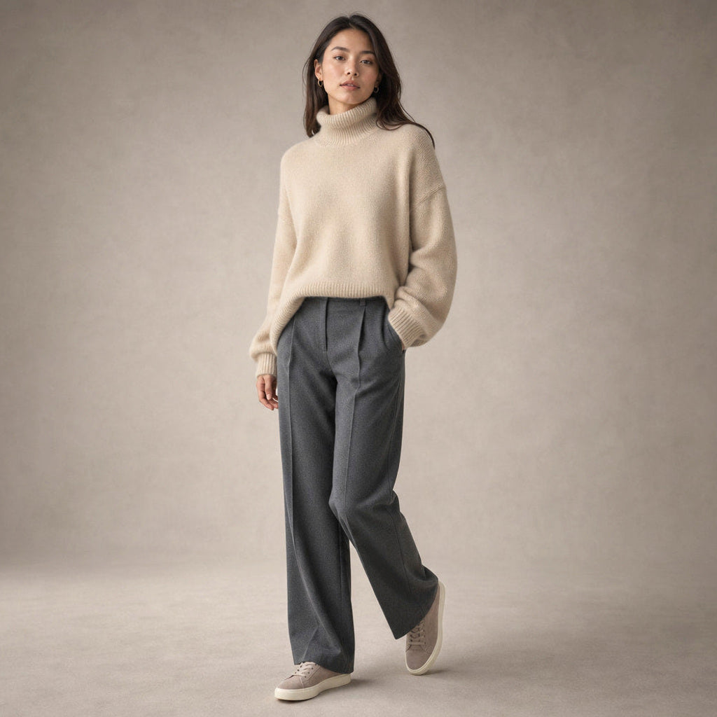 Juenthe | Rollkragenpullover Oversized mit Umschlagkragen Beige – Seitenansicht