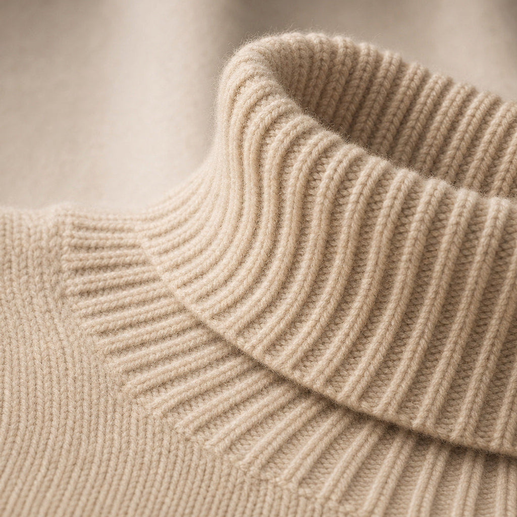 Juenthe | Rollkragenpullover Oversized mit Umschlagkragen Beige – Stoff- und Detailaufnahme