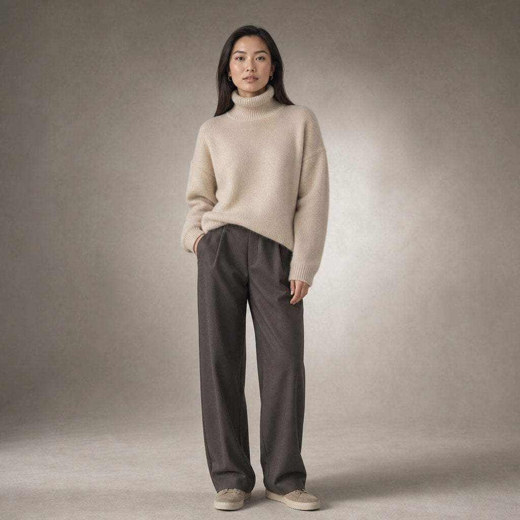 Juenthe | Rollkragenpullover Oversized mit Umschlagkragen Beige – Gesamtlook