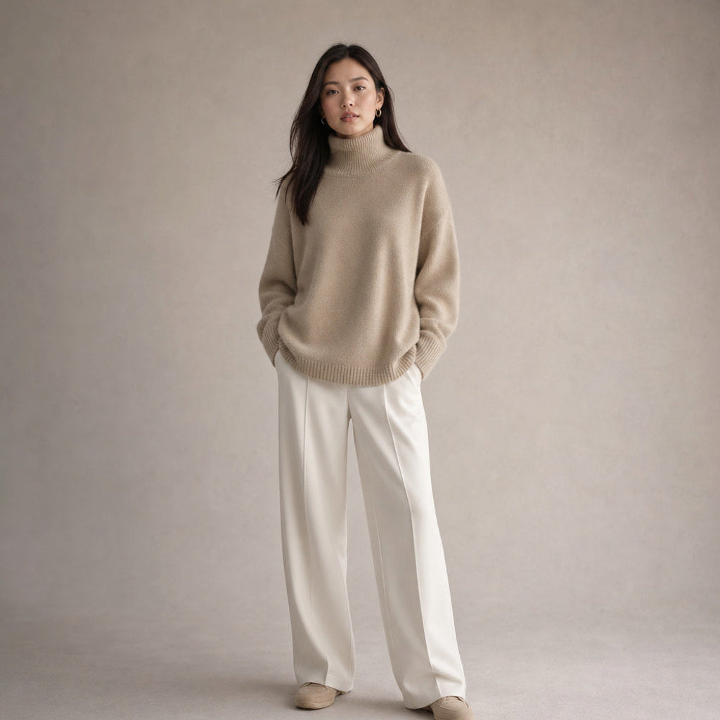 Juenthe | Rollkragenpullover Oversized mit Umschlagkragen in Khaki – Premium Editorial