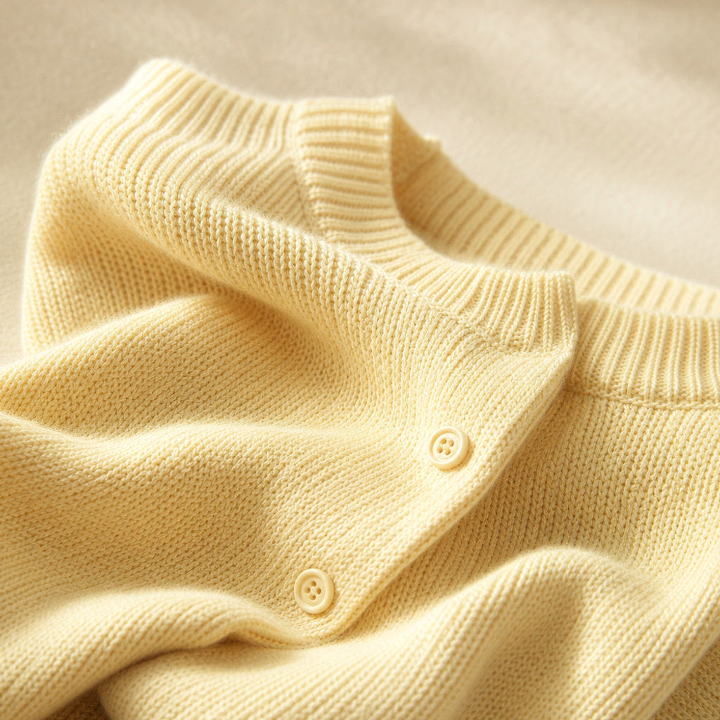 Karoline | Strickjacke mit Rundhals und Knopfleiste Gelb – Stoff- und Detailaufnahme