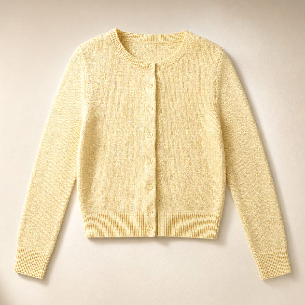 Karoline | Strickjacke mit Rundhals und Knopfleiste Gelb – Produktfoto