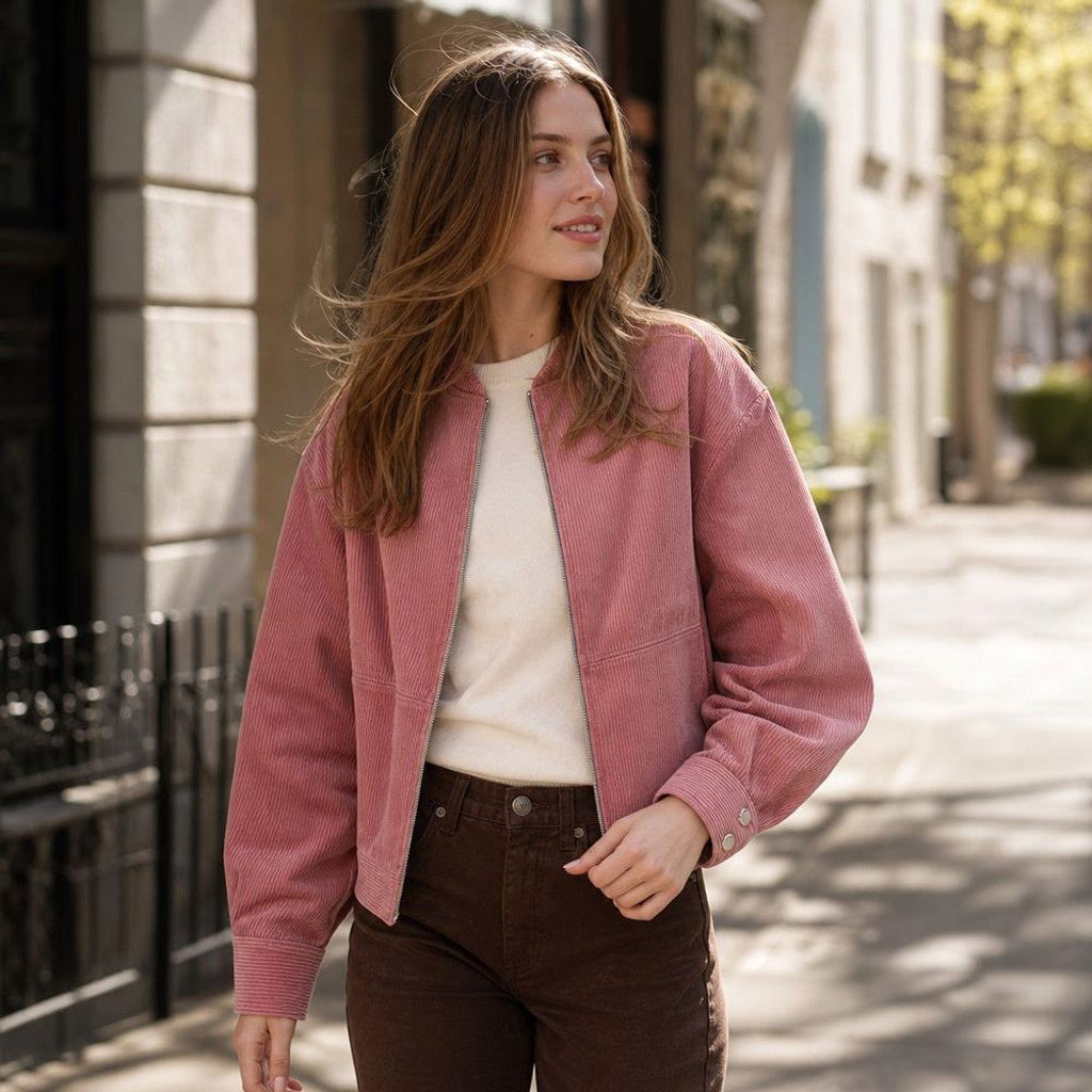 Kasimira | Bomberjacke kurz geschnitten mit Zip Rosa Pink – Gestyltes Editorial-Foto