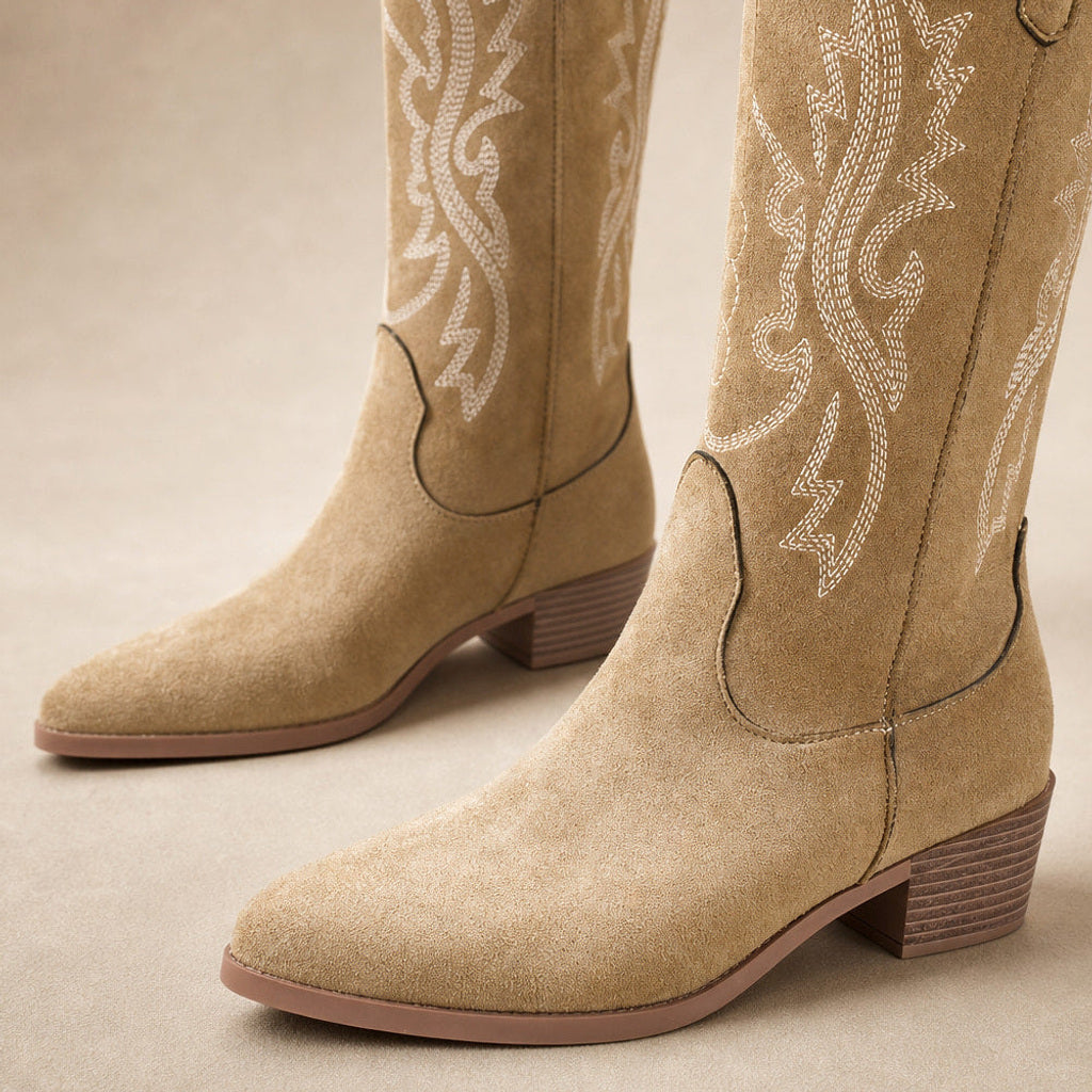 Katrin | Western-Stiefel mit weitem Schaft und Tonstickerei Beige – Stoff- und Detailaufnahme