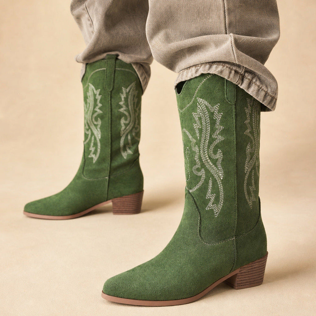 Katrin | Western-Stiefel mit weitem Schaft und Tonstickerei in Grün – Premium Editorial