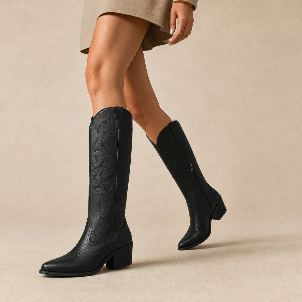 Kerstin | Westernstiefel Kniehoch mit Blockabsatz Schwarz – Produktfoto
