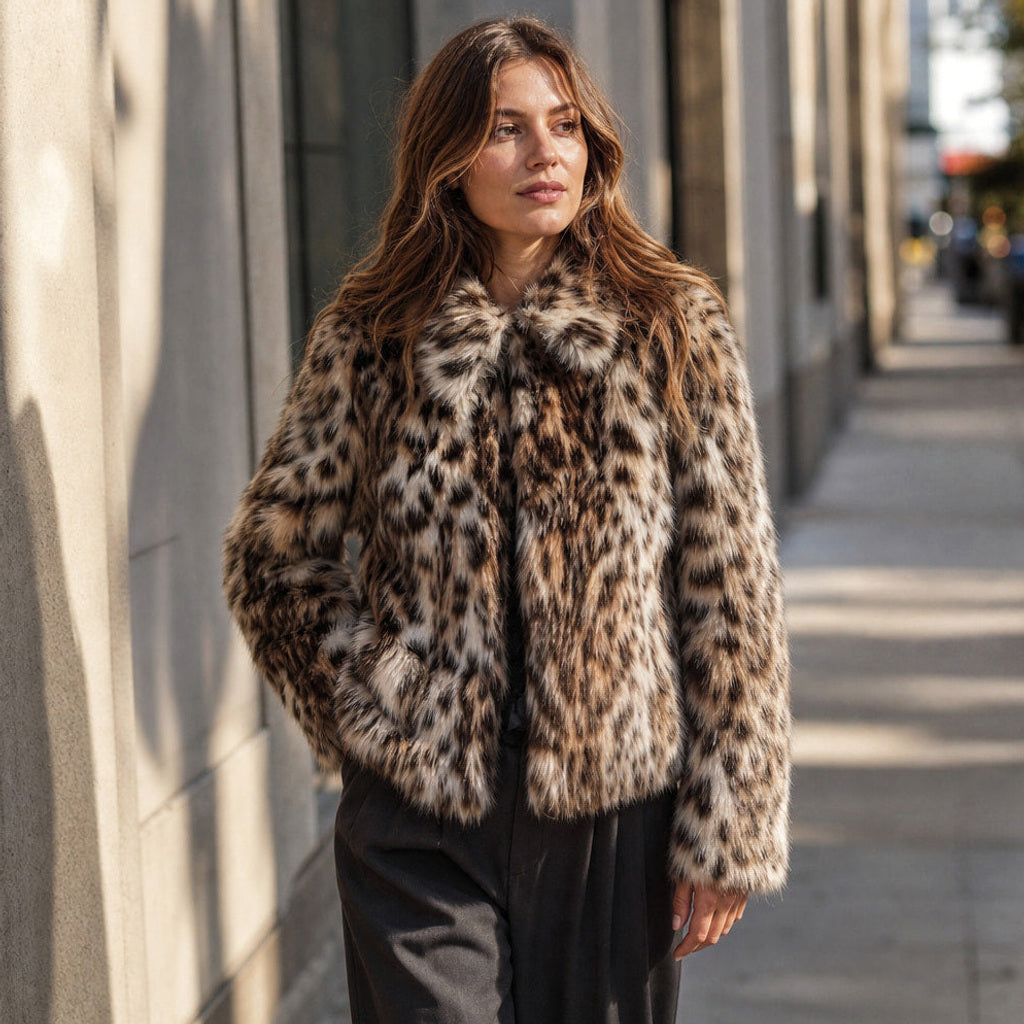 Klarissa | Kurzjacke aus Kunstfell mit offener Front Braun Braun – Gestyltes Editorial-Foto