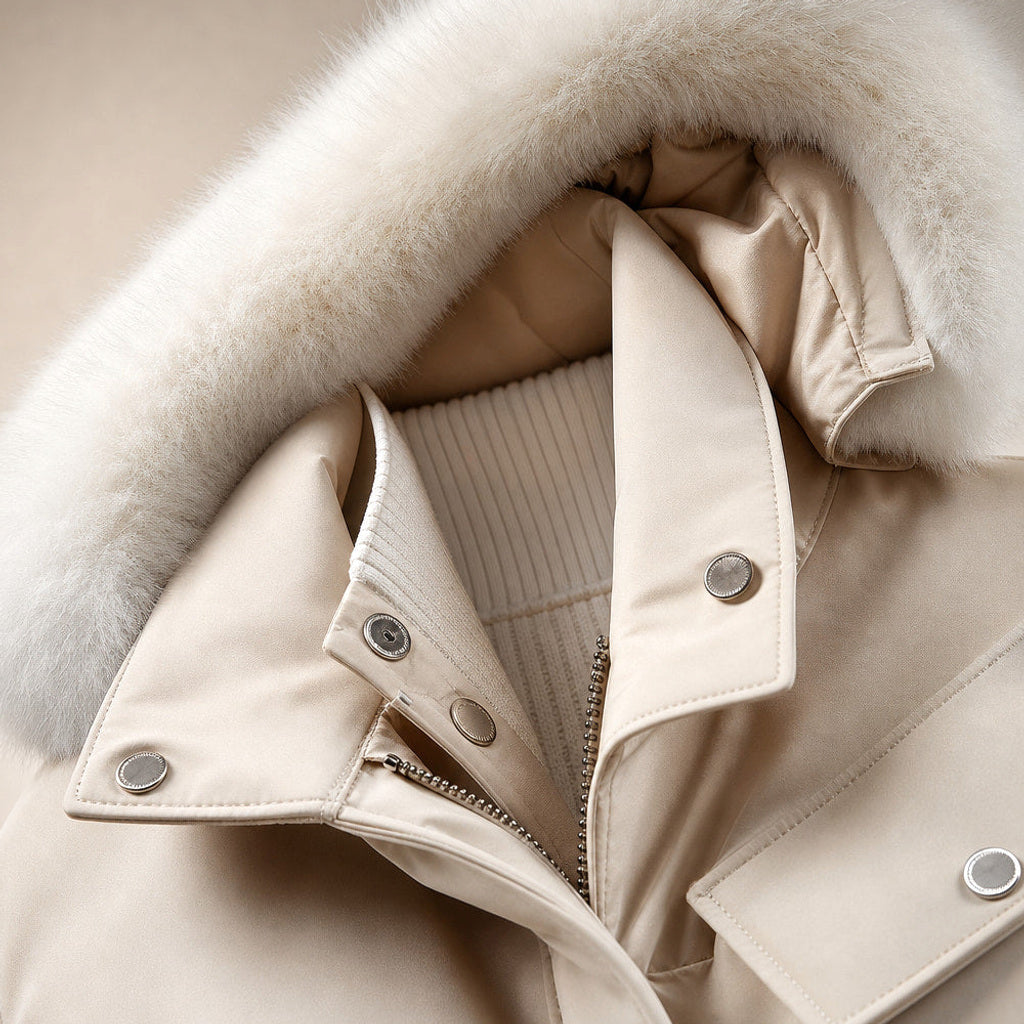 Klementine | Parka mit Webpelzfutter und Taillenzug – Stoff- und Detailaufnahme