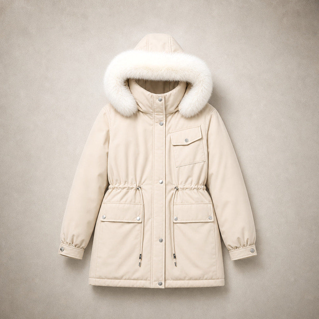 Klementine | Parka mit Webpelzfutter und Taillenzug – Flatlay-Produktfoto