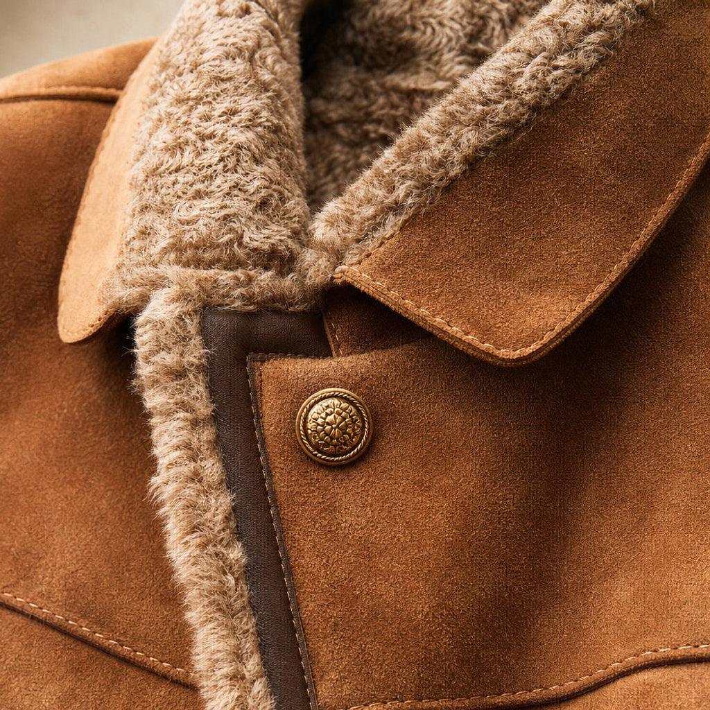 Knegund | Wildlederoptik-Jacke mit Teddyfutter Braun Braun – Stoff- und Detailaufnahme