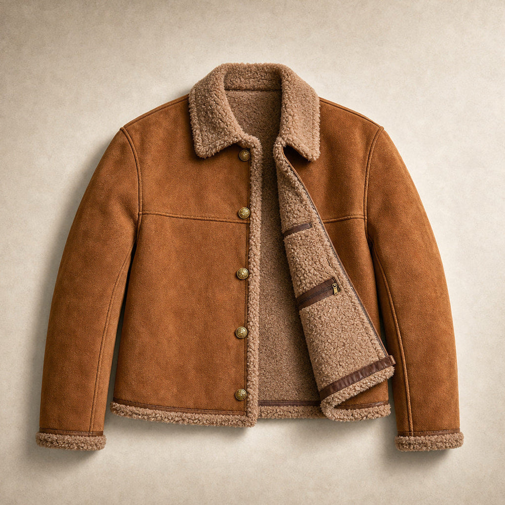 Knegund | Wildlederoptik-Jacke mit Teddyfutter Braun Braun – Flatlay-Produktfoto