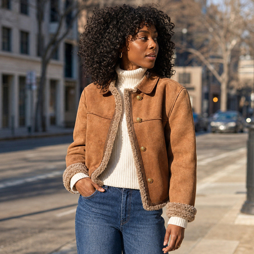 Knegund | Wildlederoptik-Jacke mit Teddyfutter Braun Braun – Gestyltes Editorial-Foto