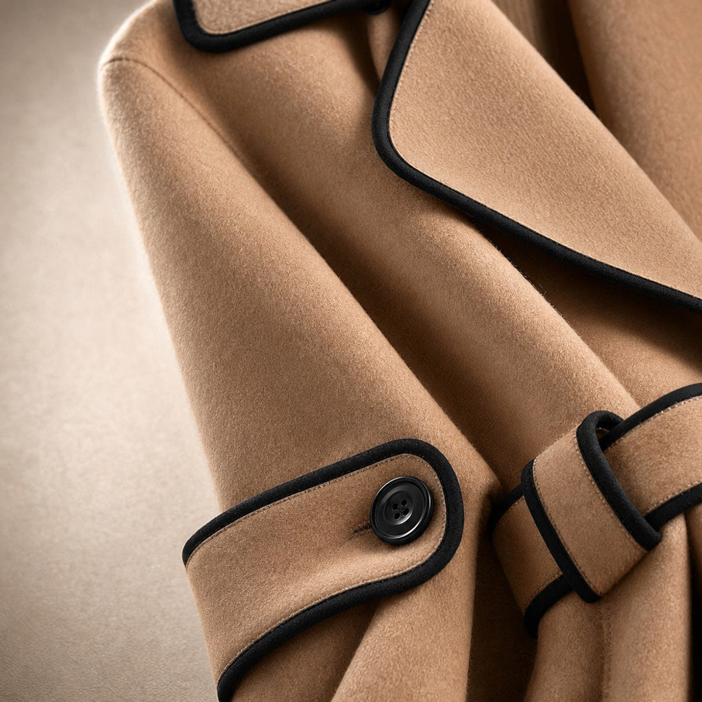 Korinne | Wollmantel mit Bindegürtel A-Linie Champagne Beige – Stoff- und Detailaufnahme