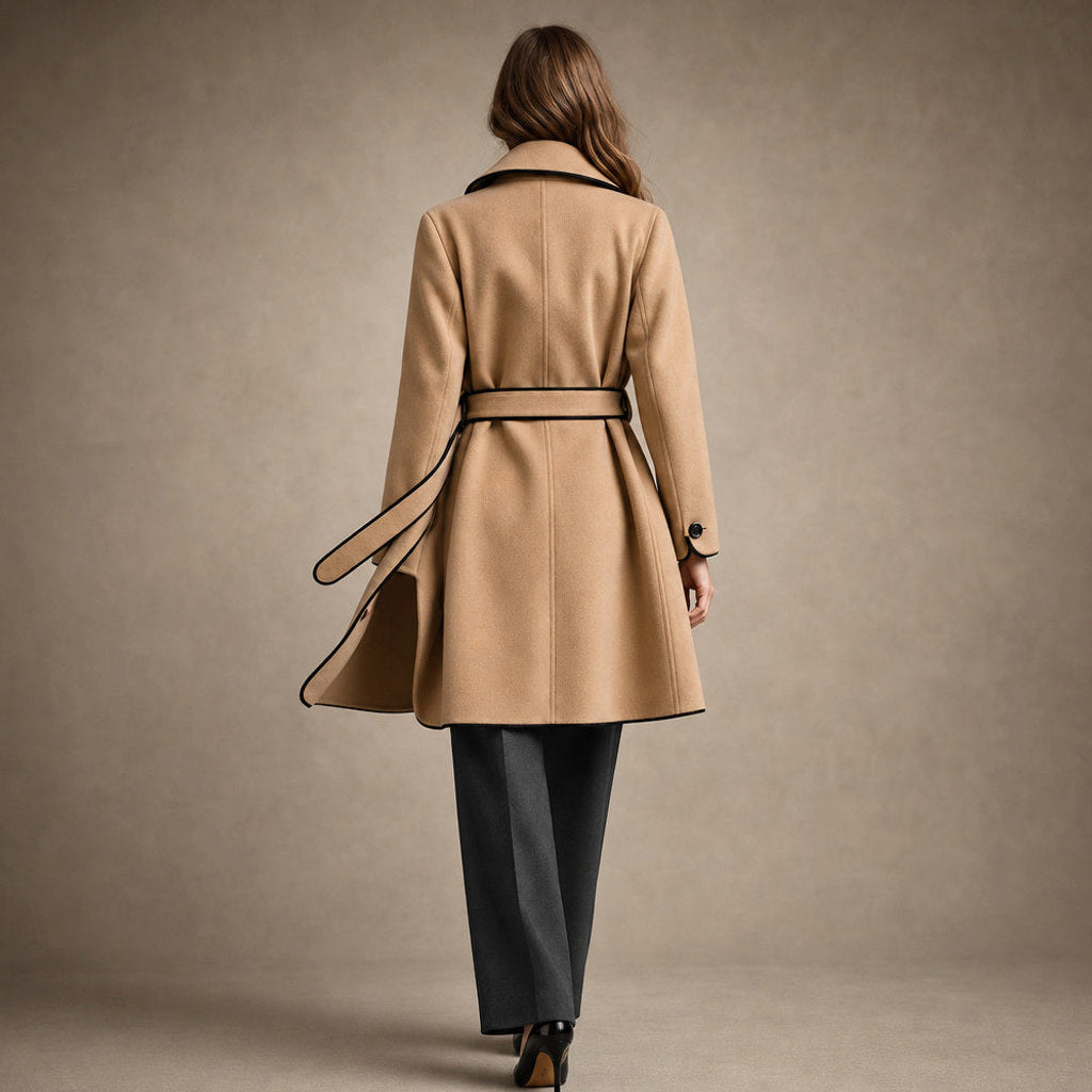 Korinne | Wollmantel mit Bindegürtel A-Linie Champagne Beige – Gesamtlook