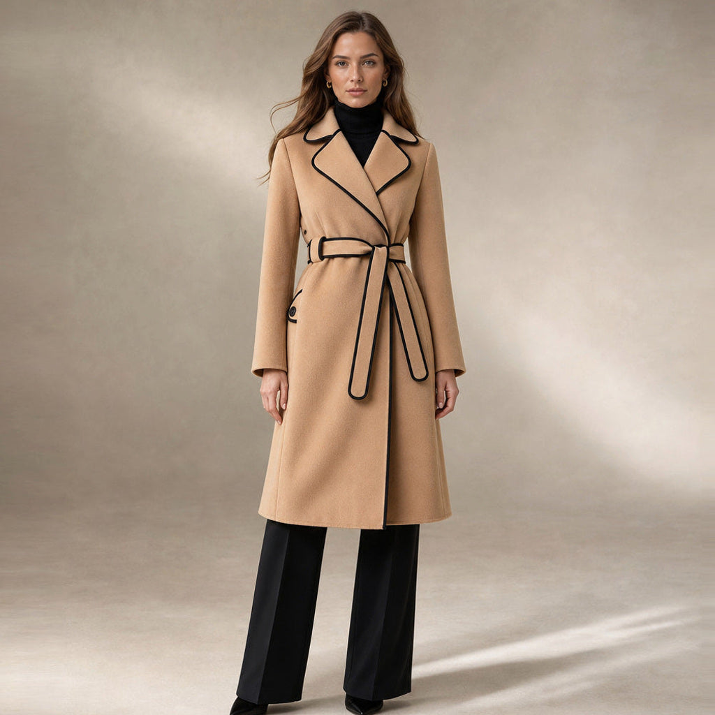 Korinne | Wollmantel mit Bindegürtel A-Linie in Champagne Beige – Premium Editorial