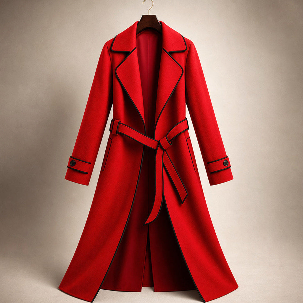Korinne | Wollmantel mit Bindegürtel A-Linie Crimson Red – Produktfoto