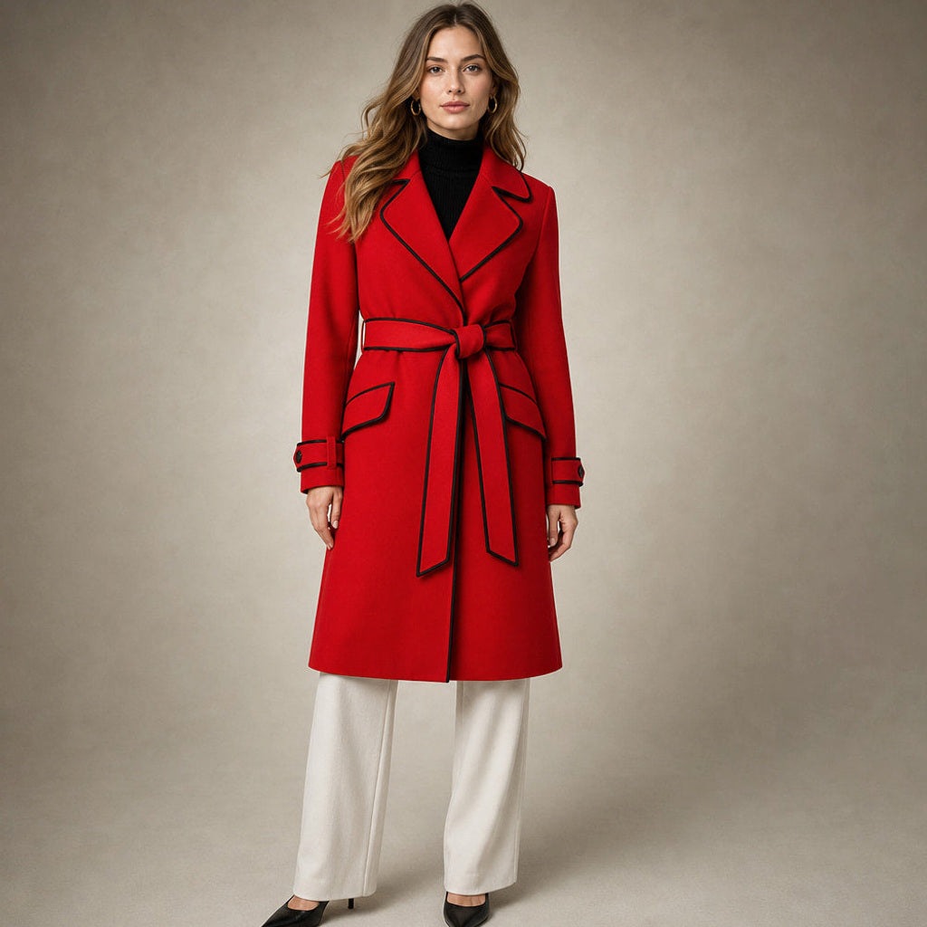 Korinne | Wollmantel mit Bindegürtel A-Linie in Crimson Red – Premium Editorial