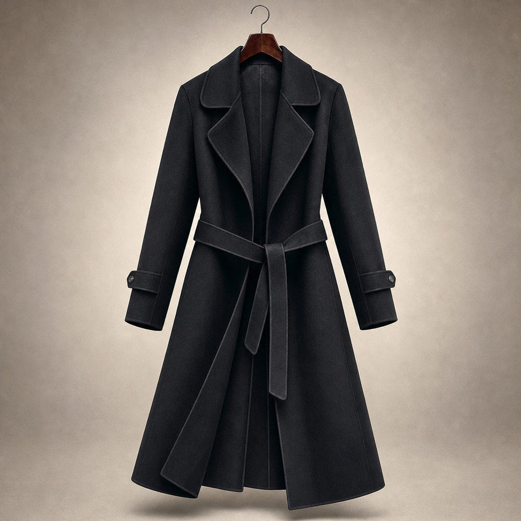 Korinne | Wollmantel mit Bindegürtel A-Linie Midnight Black – Produktfoto