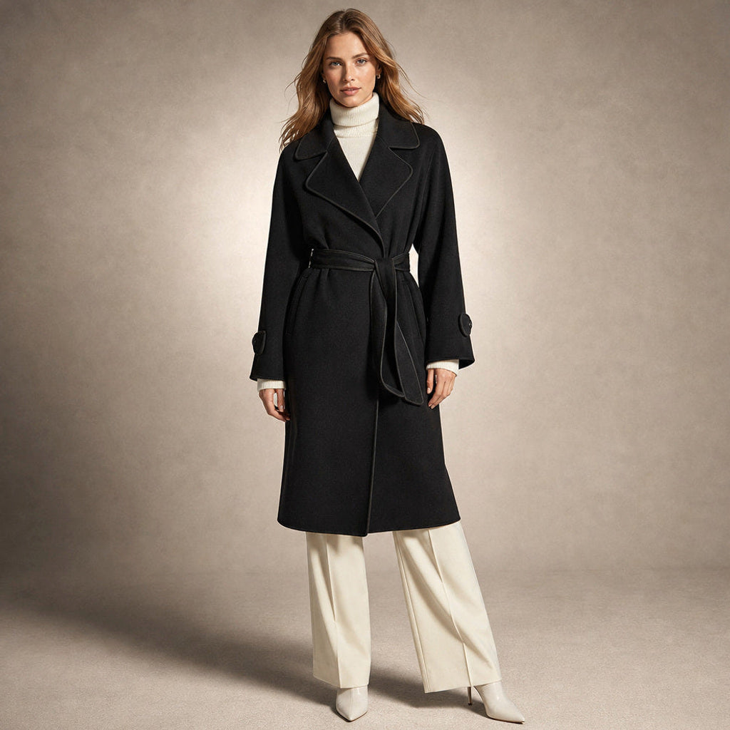 Korinne | Wollmantel mit Bindegürtel A-Linie in Midnight Black – Premium Editorial