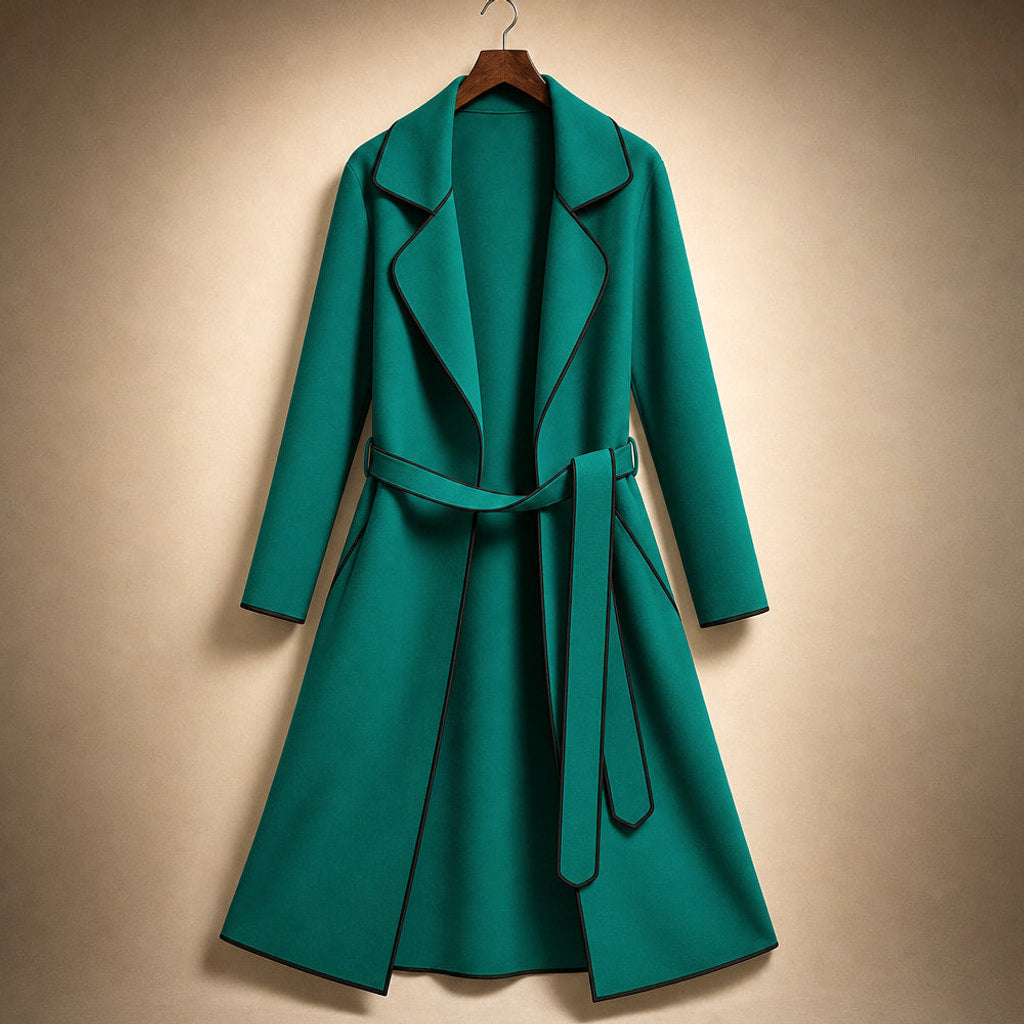 Korinne | Wollmantel mit Bindegürtel A-Linie Pine Green – Produktfoto