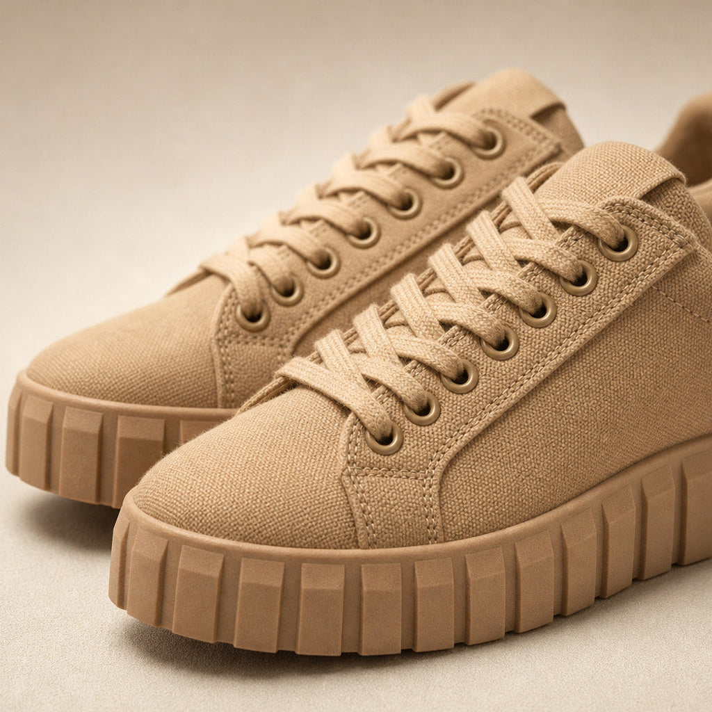 Kornelide | Plateau-Sneaker aus Canvas mit Schnürung Khaki – Stoff- und Detailaufnahme